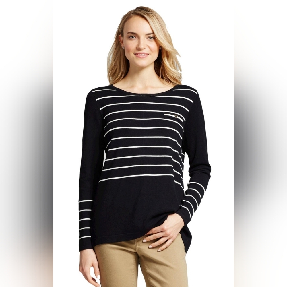 August Silk Black and White Long Sleeve Round Neck Striped Tunic Size Large